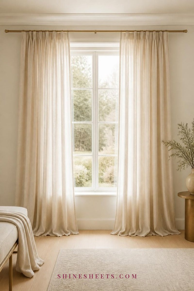 Cream linen curtains hung from a brass rod just below the ceiling, extending well past a window frame in a bright neutral room