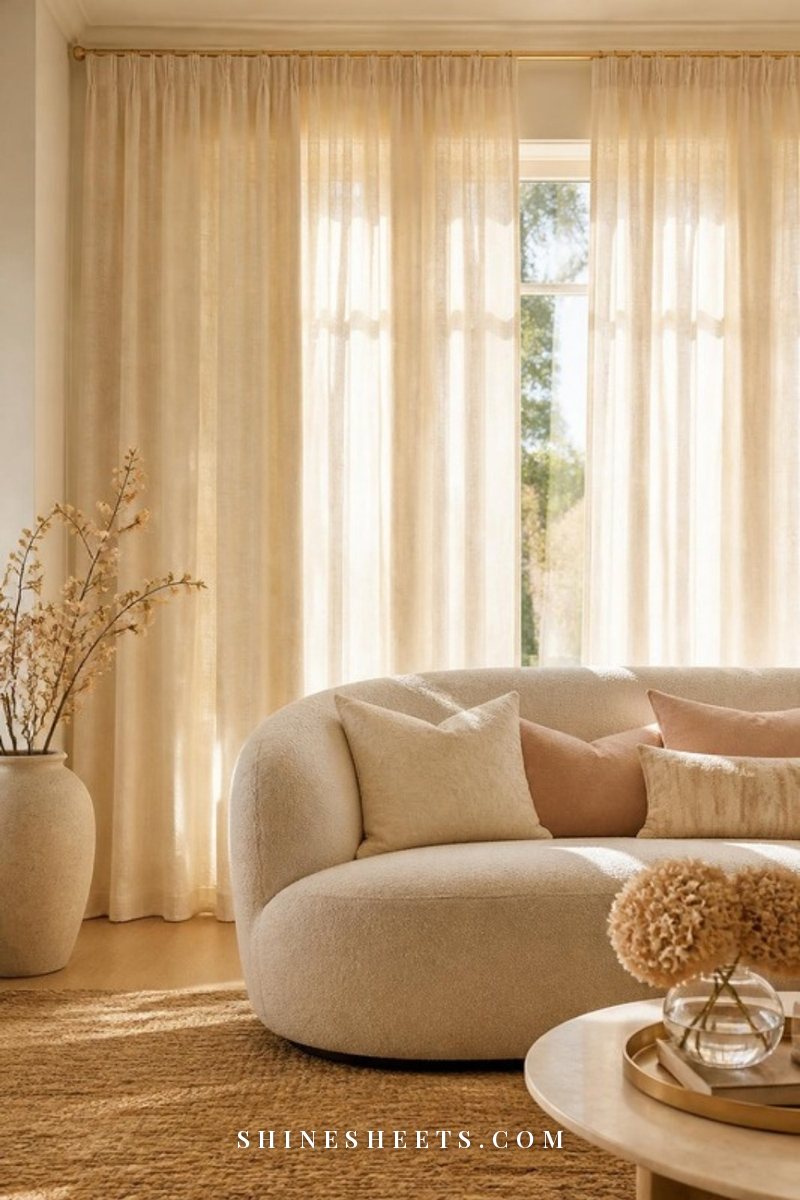 Floor-to-ceiling cream linen curtains matching cream walls in a living room with a beige sofa and soft afternoon light