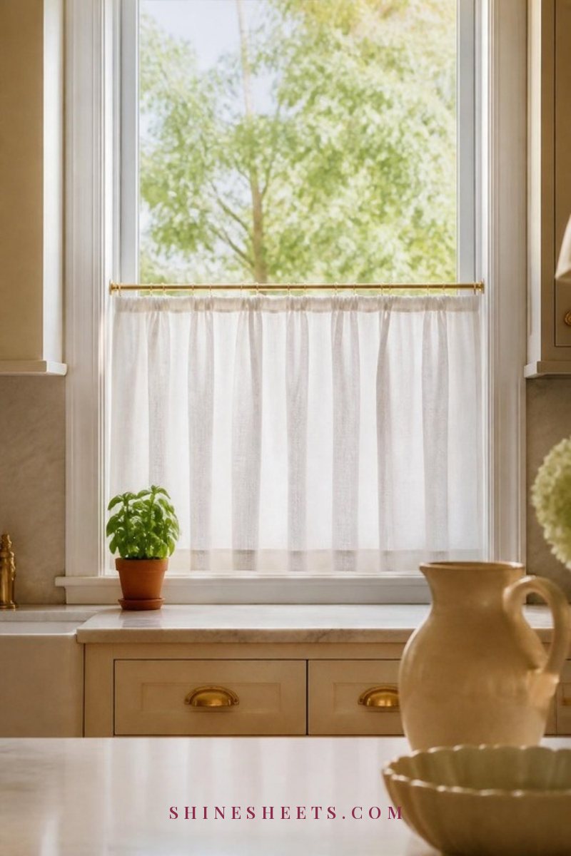 White linen cafe curtain covering the lower half of a kitchen window on a slim brass tension rod, with a herb pot on the sill
