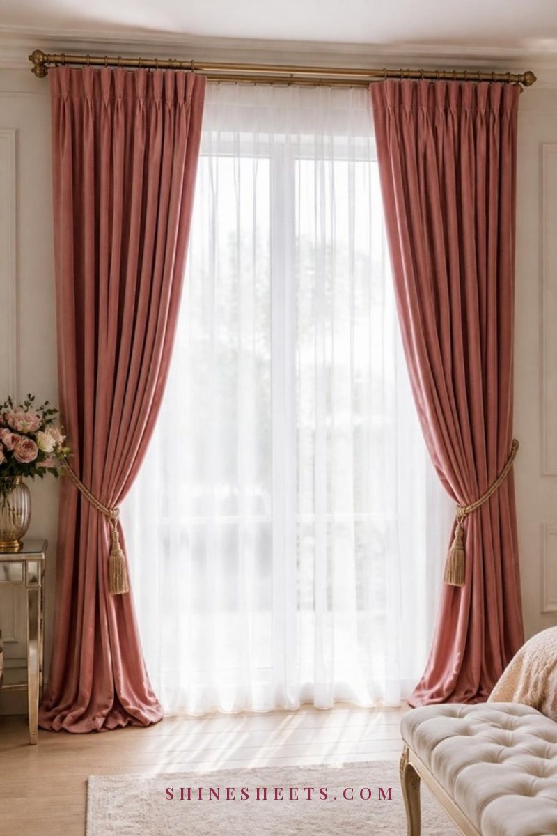 White sheer voile curtains layered behind blush velvet drapes on a double brass rod, with soft daylight glowing through