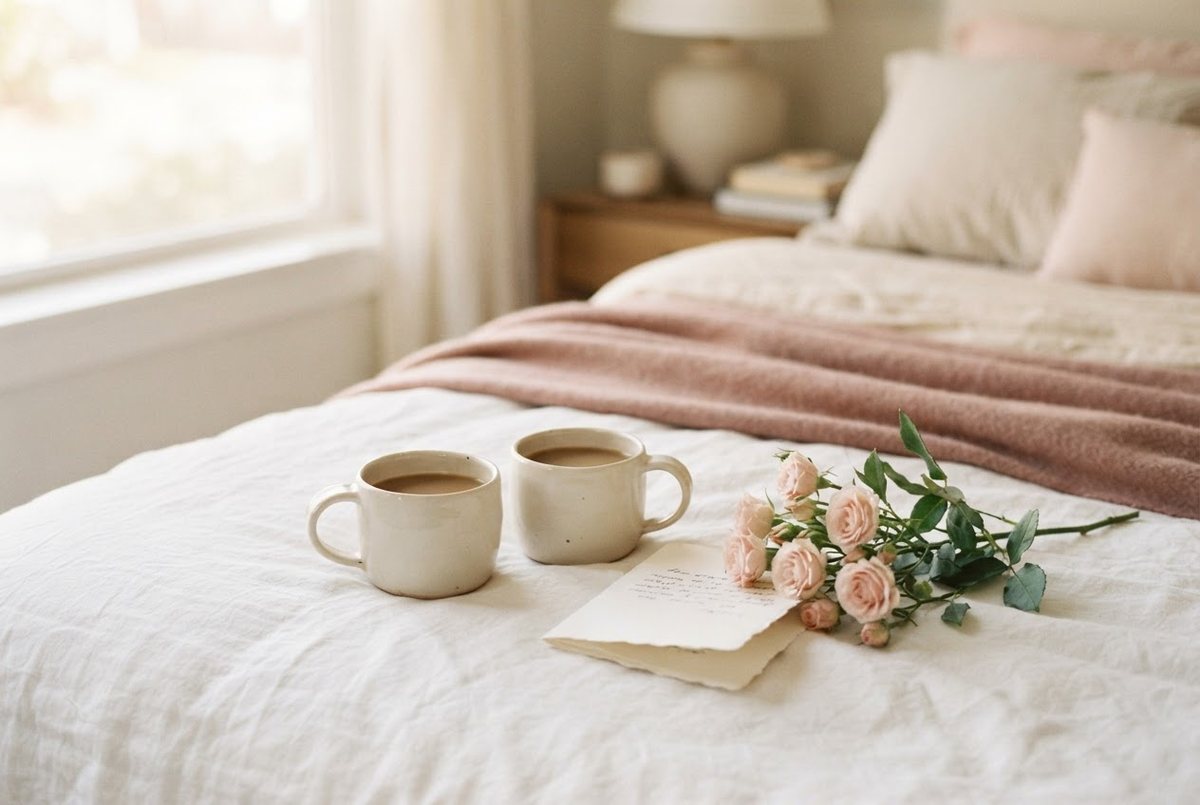 Handwritten love note, two cream mugs and a sprig of pink flowers on a white linen bedspread