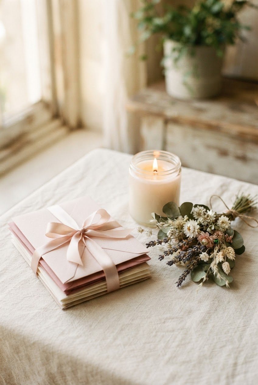 Stack of pastel envelopes tied with a blush ribbon next to a glass candle and dried flowers