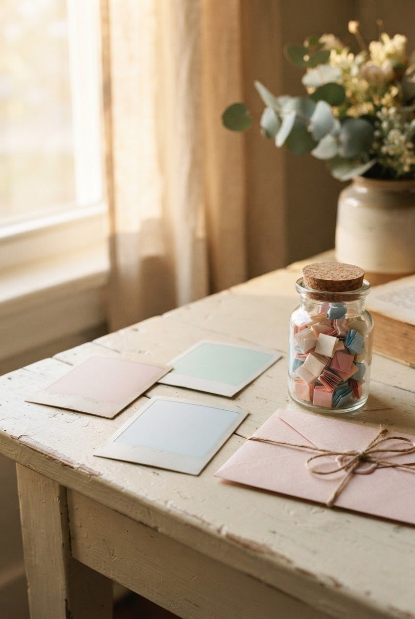 Pastel instant photos, a blush envelope and a small glass jar of folded paper notes on a cream wooden table
