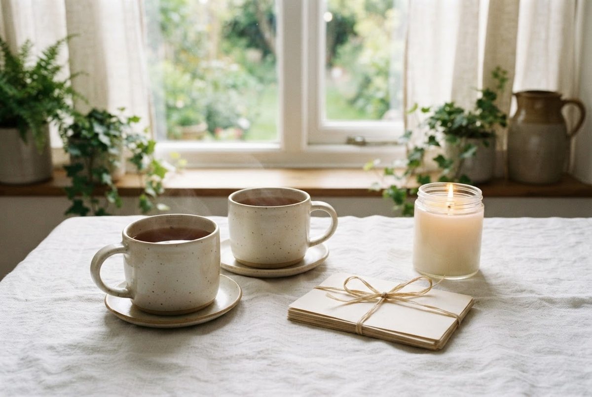 Two cream ceramic mugs, a small stack of handwritten notes and a glass candle on a white linen tablecloth in soft morning light