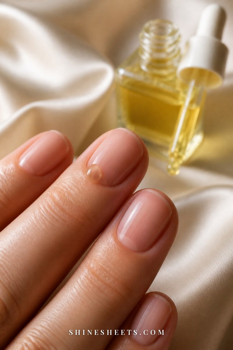 Close-up of a woman's fingertips with sheer pink nails as a drop of golden cuticle oil glistens at the base of the nail