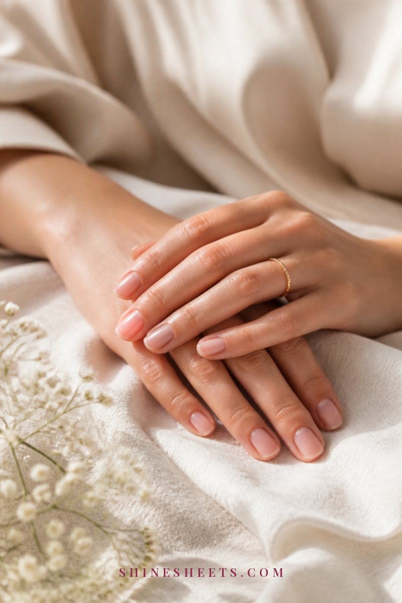 Close-up of a woman's hands with short natural nails and smooth healthy cuticles resting on cream linen in soft light