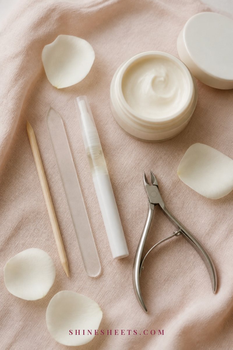 Neat flat lay of a wooden cuticle pusher, a glass nail file, a cuticle oil pen and a cream hand cream on a blush linen cloth