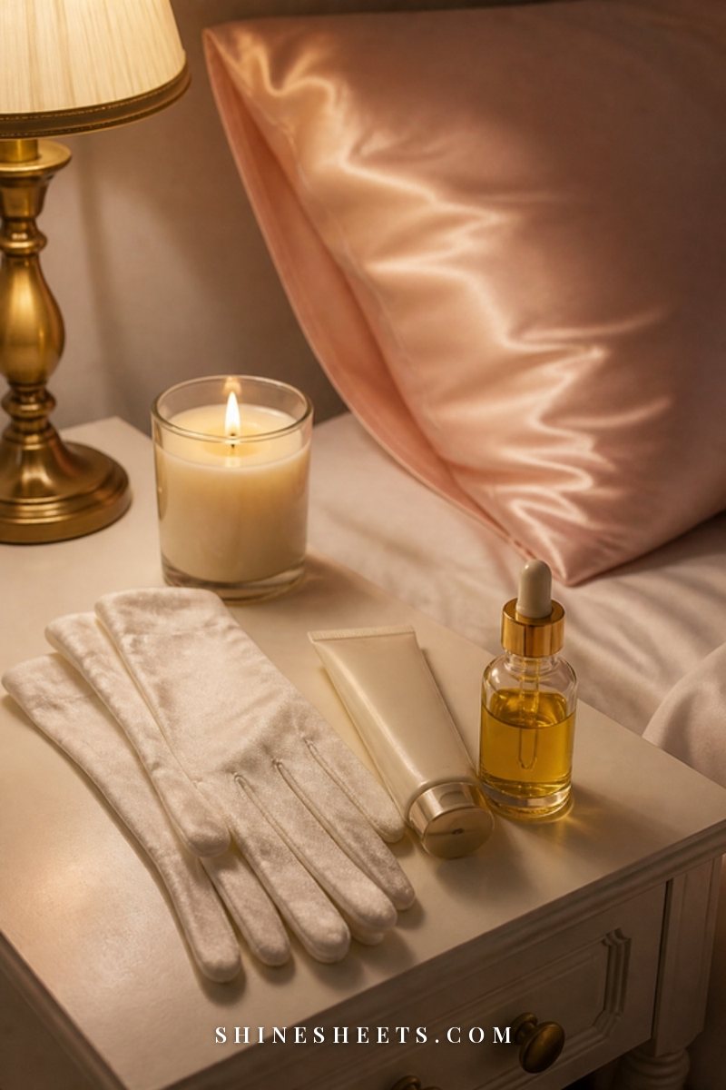 White cotton gloves, a cream tube of hand cream and a small bottle of cuticle oil on a white bedside table next to a lit glass candle