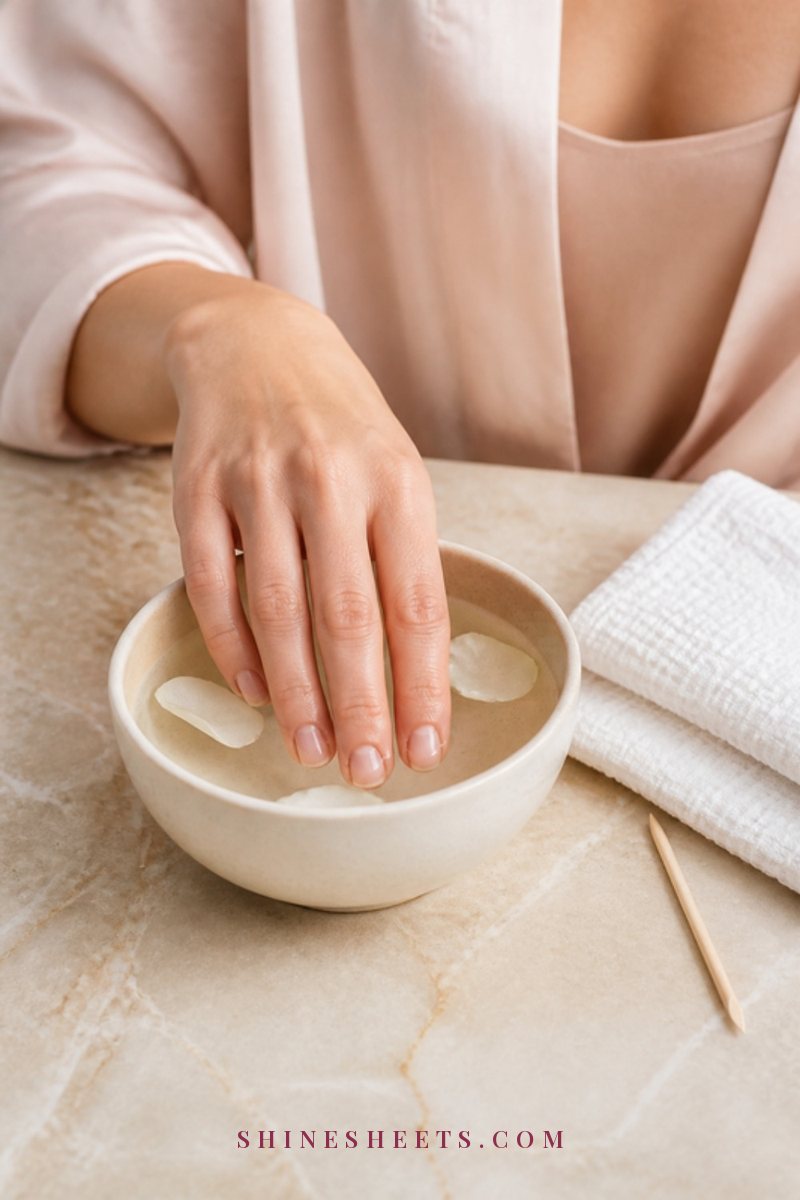 A woman's hands soaking in a small cream ceramic bowl of warm water with a folded white towel and a wooden cuticle pusher beside it