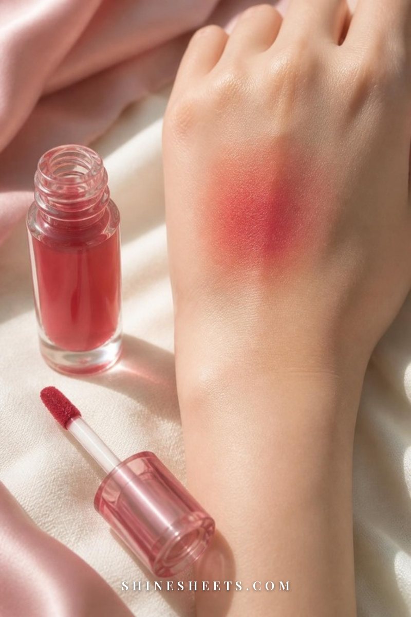 Close-up of a woman's lips wearing a sheer rosy Korean lip tint blended in a soft gradient from the center