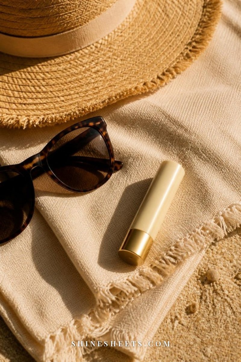 Cream SPF lip balm tube on a beige linen beach towel with sunglasses and a straw hat in warm sunlight