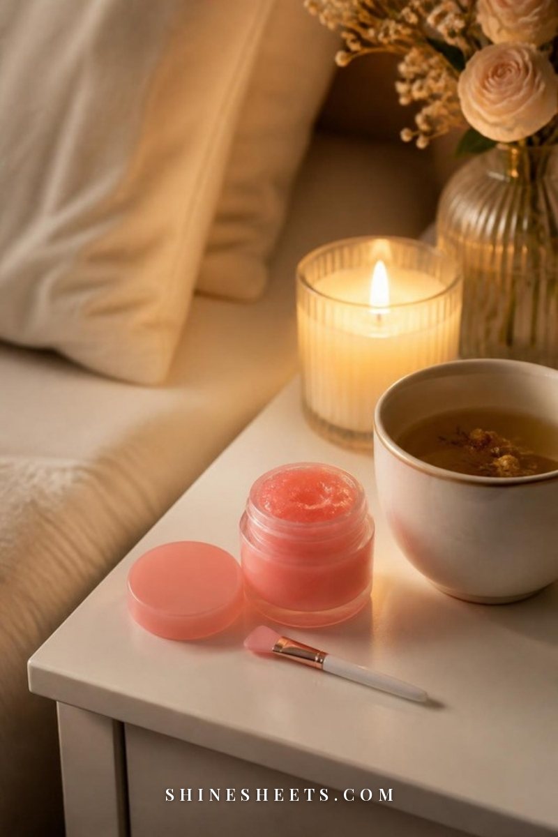 Pink overnight lip sleeping mask jar with a small applicator on a white nightstand next to a cup of tea and a glass candle