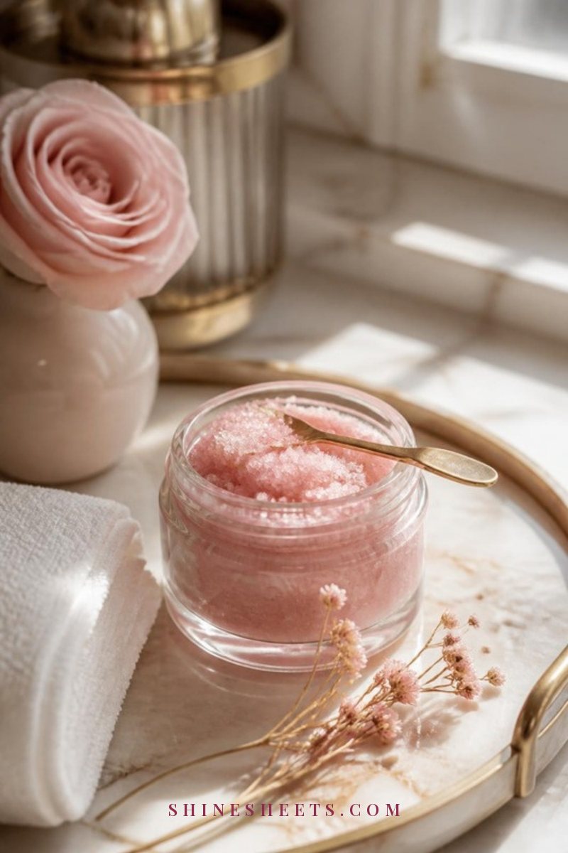 Small glass jar of pink sugar lip scrub with a tiny gold spatula on a cream marble tray beside a folded white washcloth