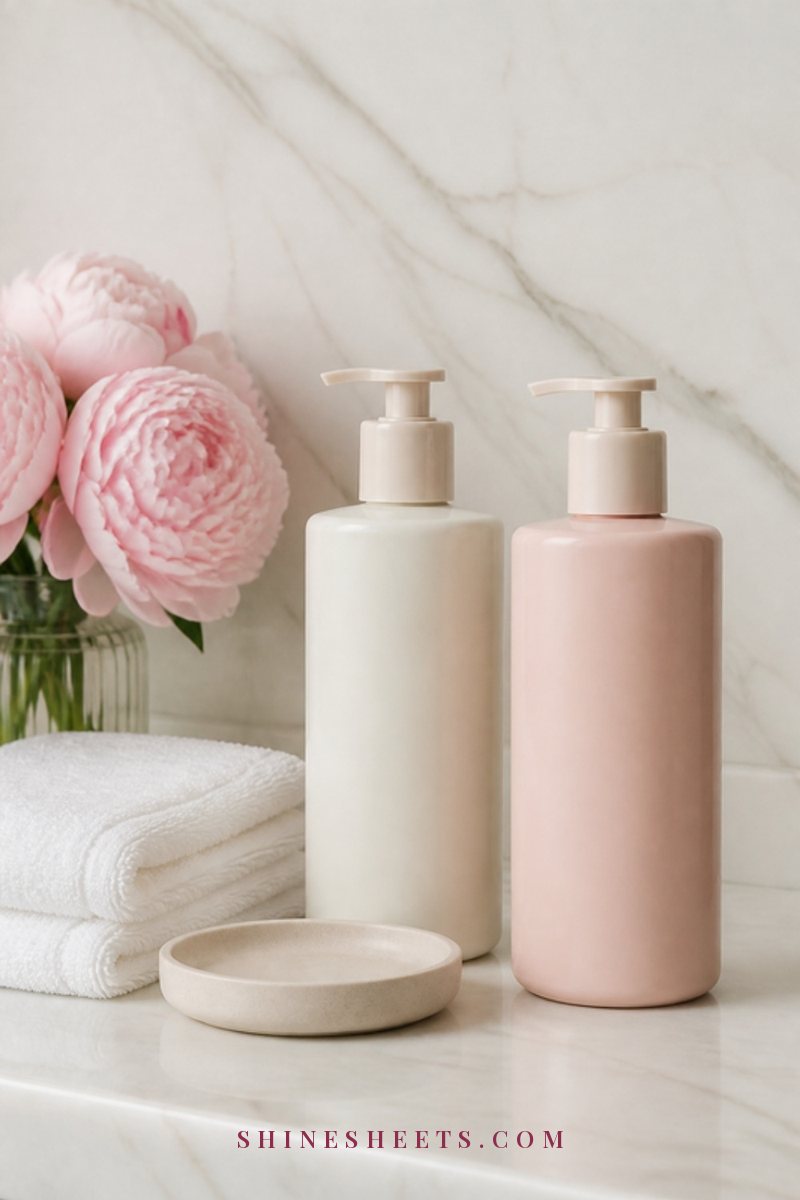 Cream body lotion bottles, a white towel and pink peonies on a marble bathroom counter in soft light