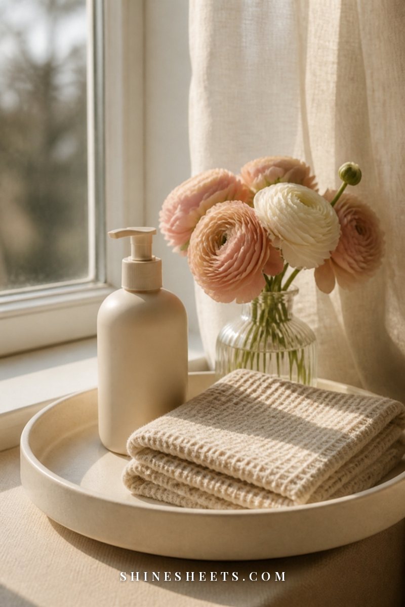 Cream ceramic tray with a body lotion bottle, a folded beige towel and a small vase of blush ranunculus by a sunny window