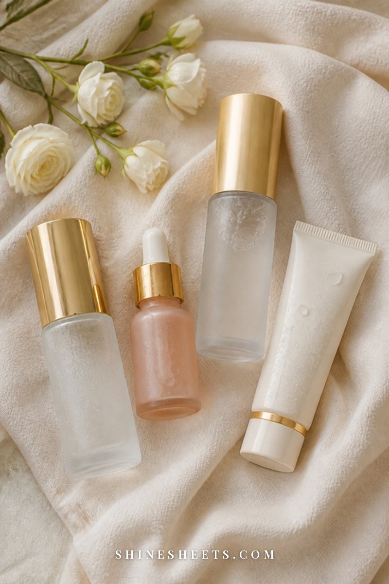 Glass pump bottles of body lotion and serum arranged on a cream linen towel with a sprig of white flowers
