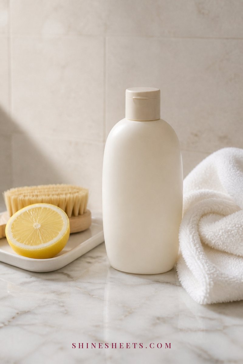 Halved lemon and a coarse scrub brush set aside on a white tray next to a gentle cream body lotion bottle