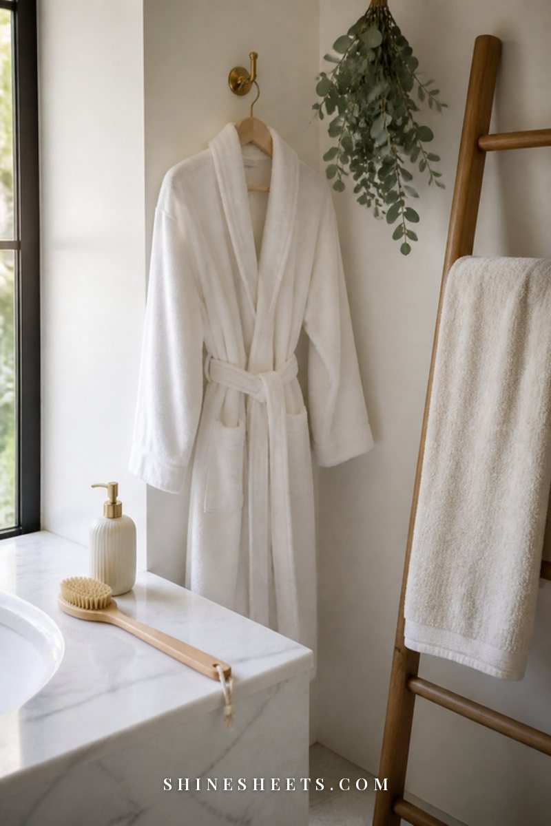 Soft white cotton bathrobe hanging on a hook beside a cream bath towel, a pump bottle of body wash and eucalyptus