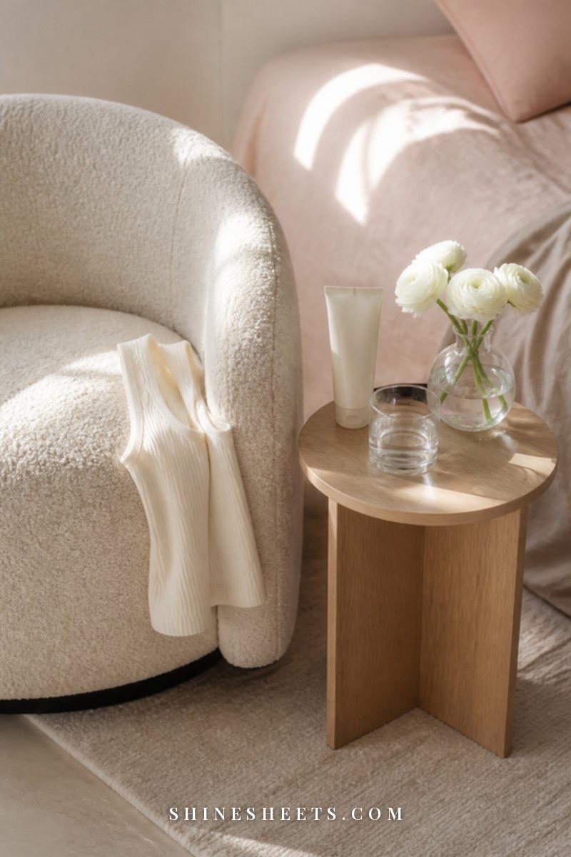 Calm bedroom chair with a soft cream sleeveless top, a body lotion and a small vase of white flowers