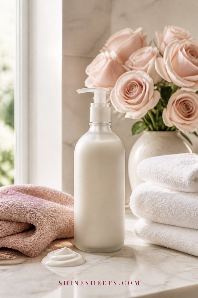 Pump bottle of creamy body lotion beside a soft exfoliating cloth and white towels in a bright bathroom