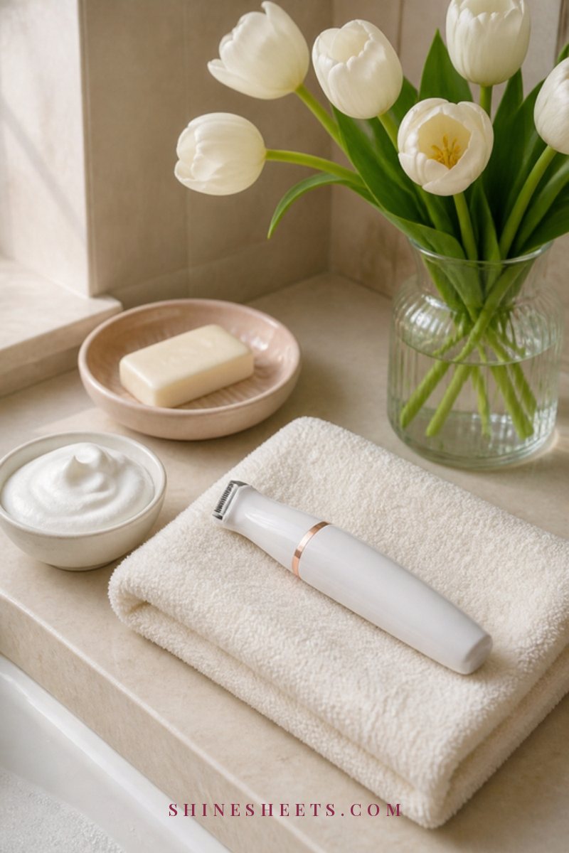Small white electric trimmer, a soft towel and a bowl of shaving foam on a cream marble bath ledge