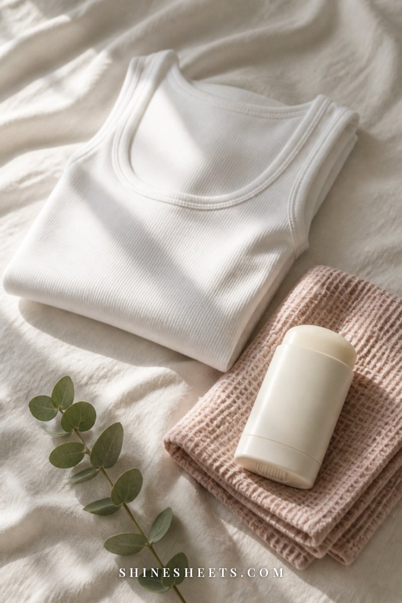 Soft white cotton tank top, a fragrance-free deodorant and a folded towel on a cream linen surface