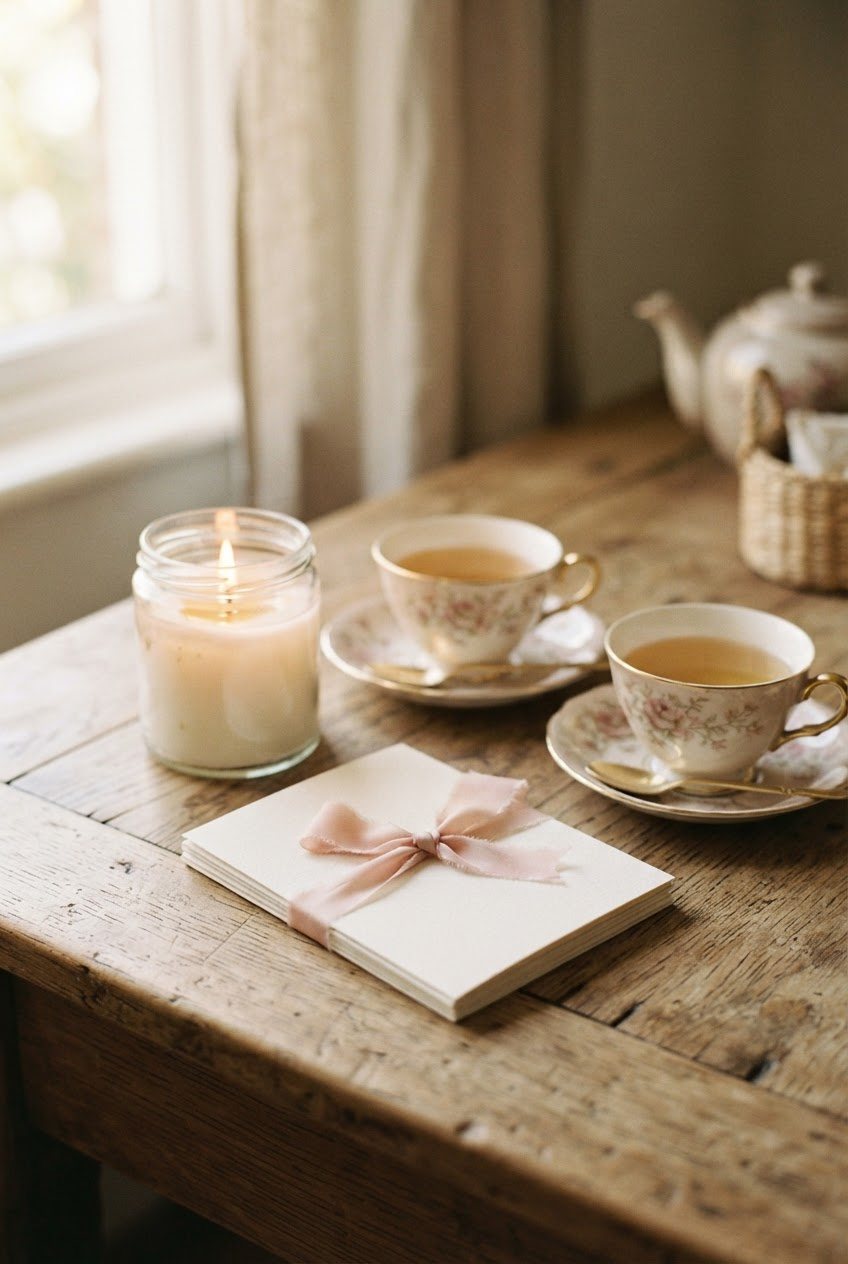 Small stack of handwritten question cards tied with blush ribbon beside a lit glass candle and two teacups on a wooden table