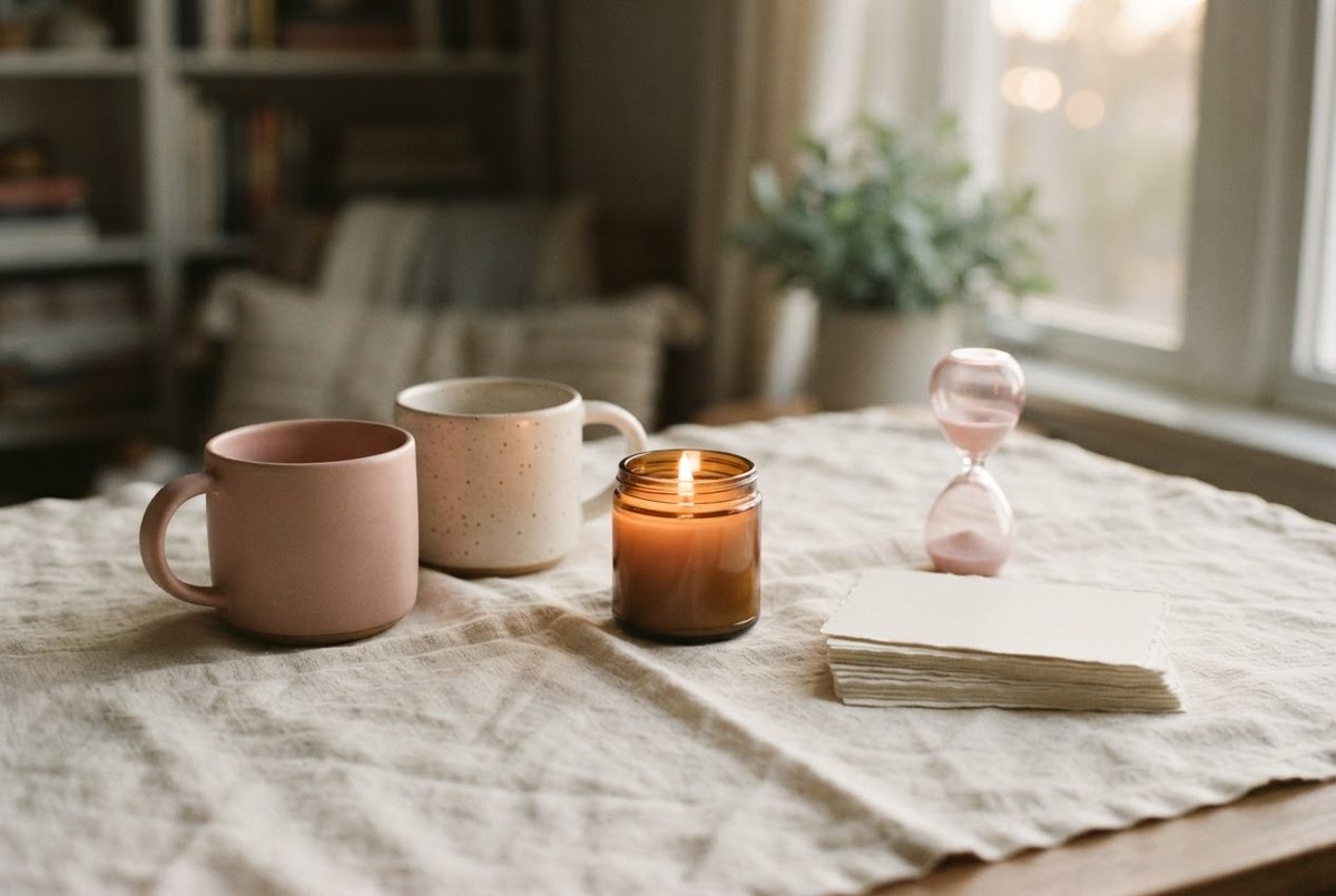 Two ceramic mugs, a lit glass candle, a small sand timer and a stack of blank question cards on a cream linen tablecloth