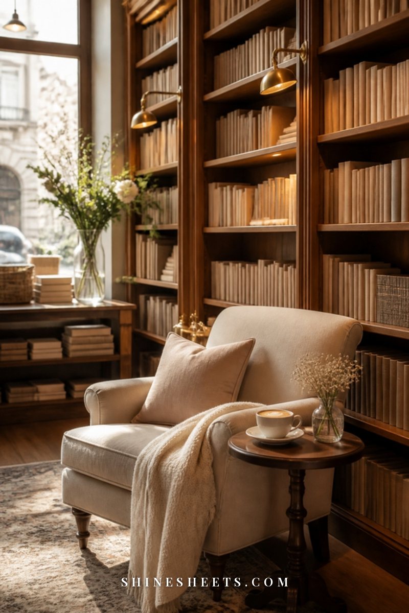 A cozy bookshop corner with a cream armchair, stacked books and warm reading lamps