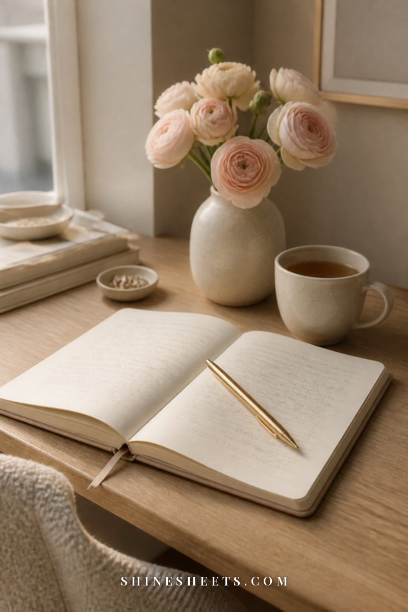 An open cream notebook with a gold pen, a cup of tea and a small vase of blush roses on a white desk