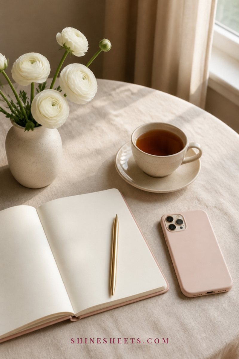 A phone lying face down beside a cup of coffee and a cream notebook on a marble café table