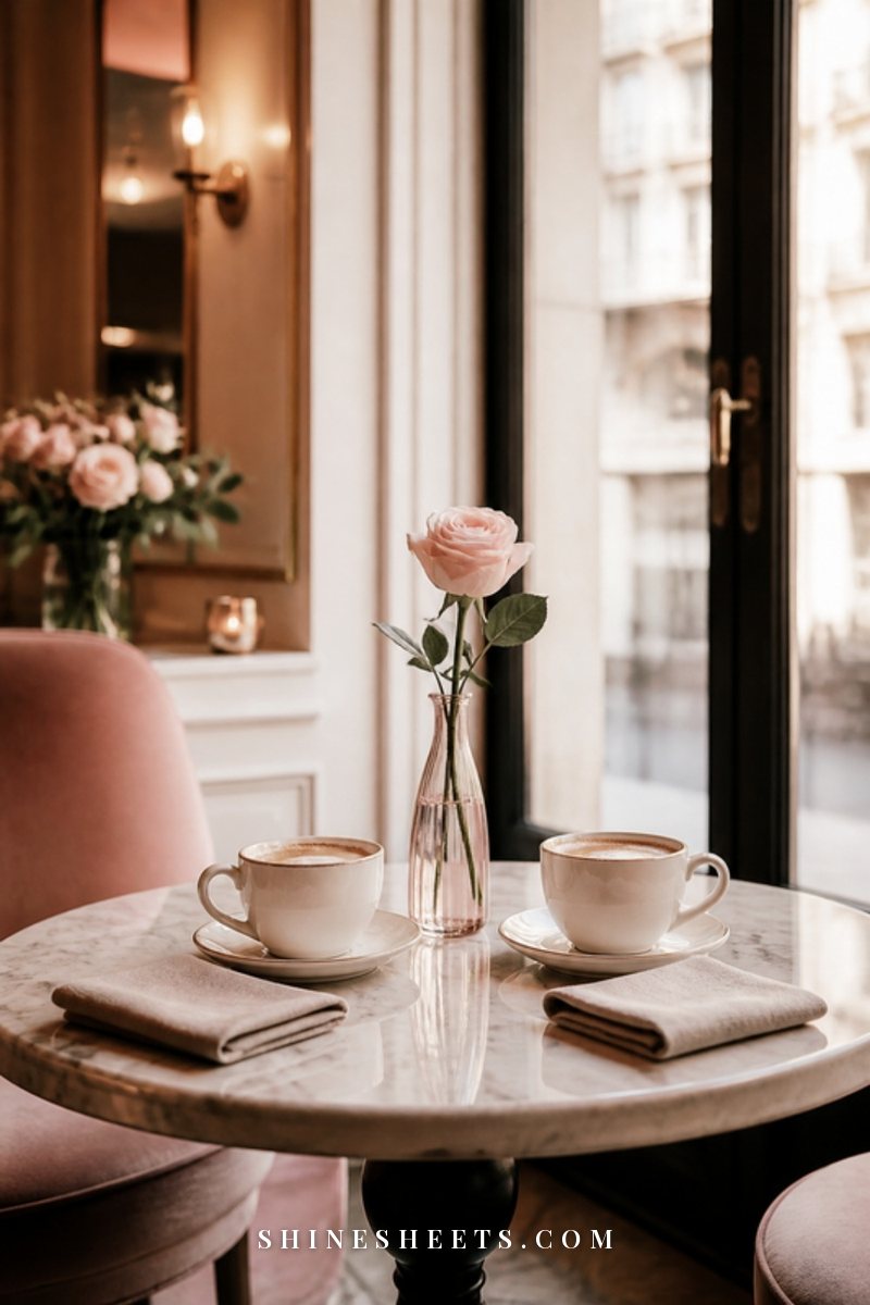 Two cups of coffee on a small round café table with a single blush rose in a bud vase, soft window light