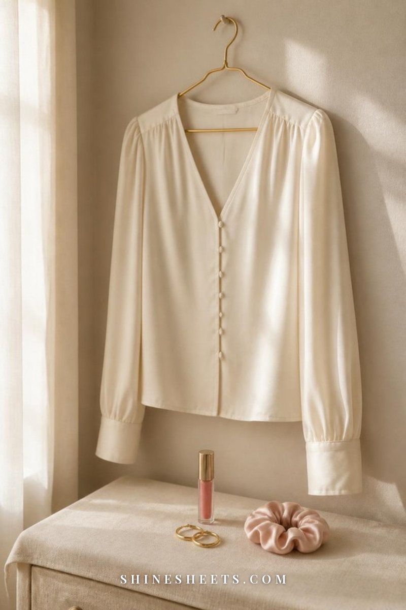 Cream silk blouse on a gold hanger next to a sheer pink lip tint and small gold earrings on a beige linen surface