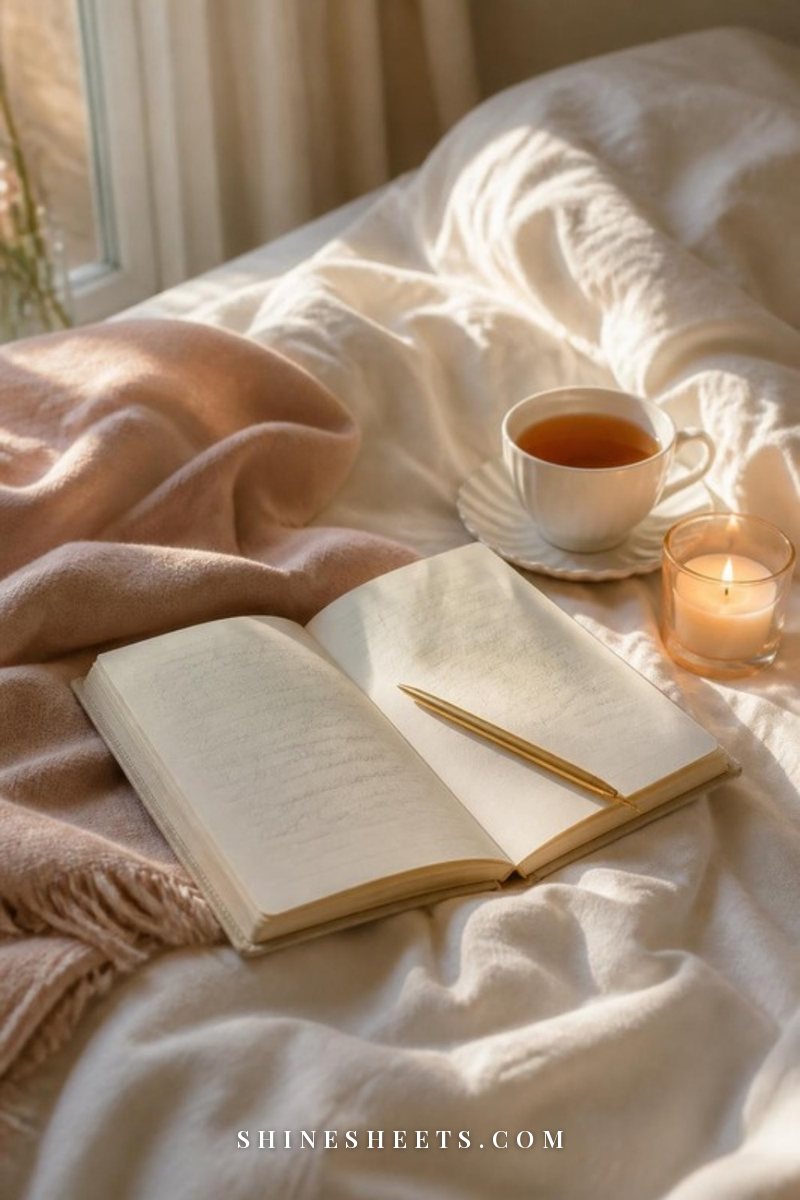 Open cream linen notebook with soft illegible handwriting, a gold pen and a cup of tea on a white bed in morning light
