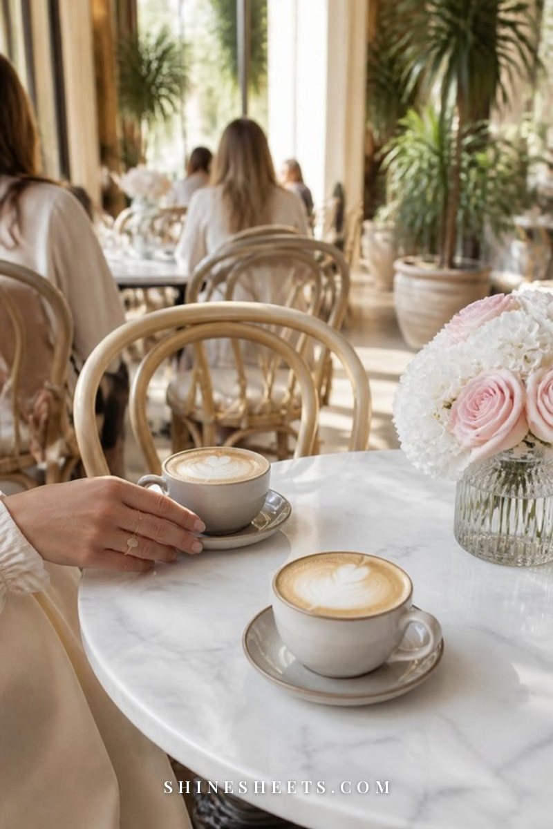 Two cups of coffee and a woman's hand with a gold ring on a marble table in a bright, busy cafe with cream chairs