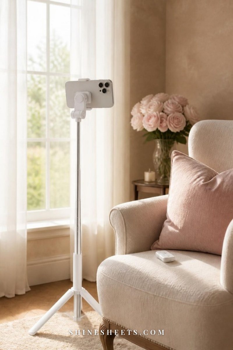 White phone tripod with a small remote set up beside a sunny window in a cream living room with a linen armchair