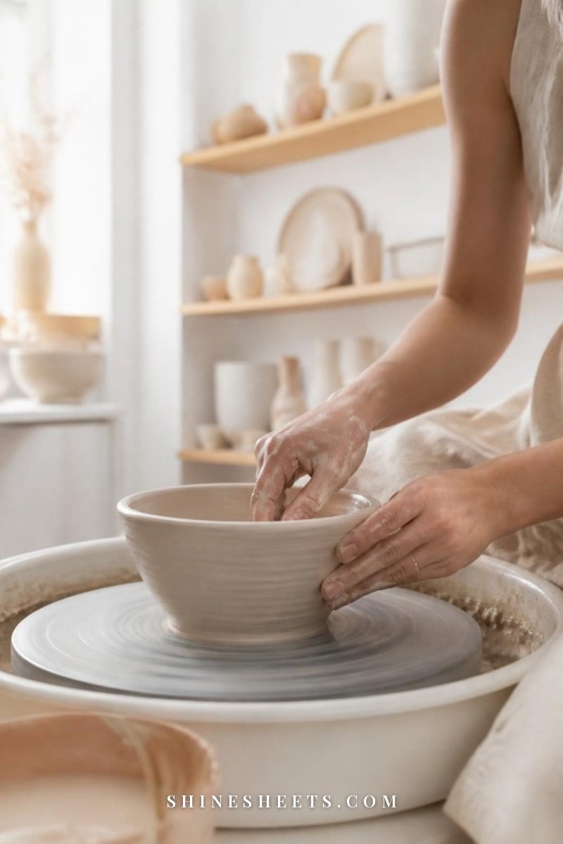 A woman's hands shaping a cream clay bowl on a pottery wheel in a bright studio with soft natural light