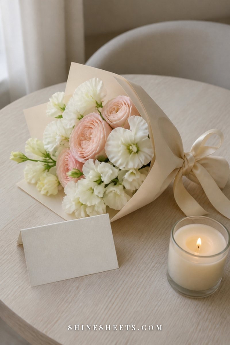 A small bouquet of blush flowers wrapped in paper on a table