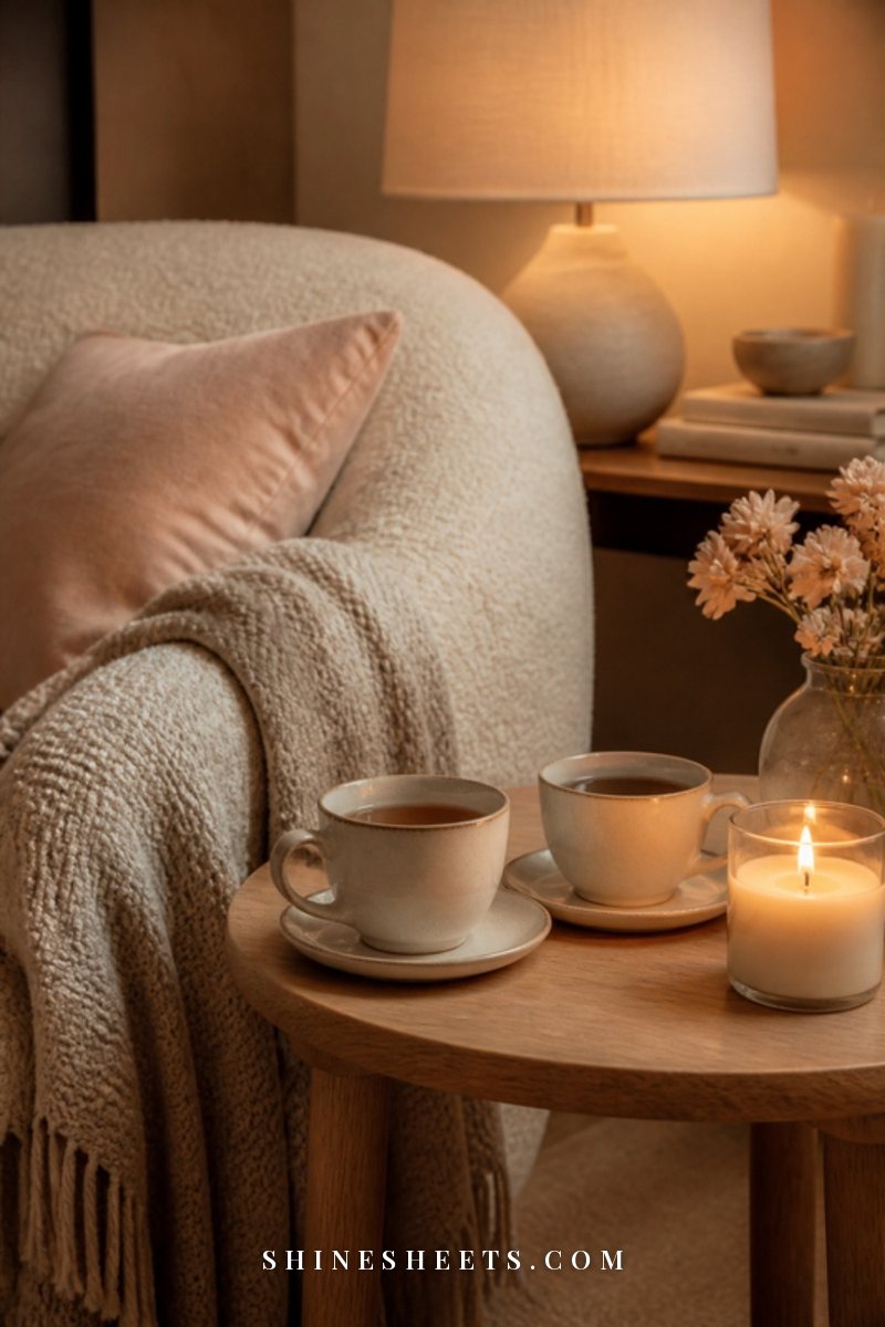 Two cups of tea on a sofa side table with a soft blanket at dusk