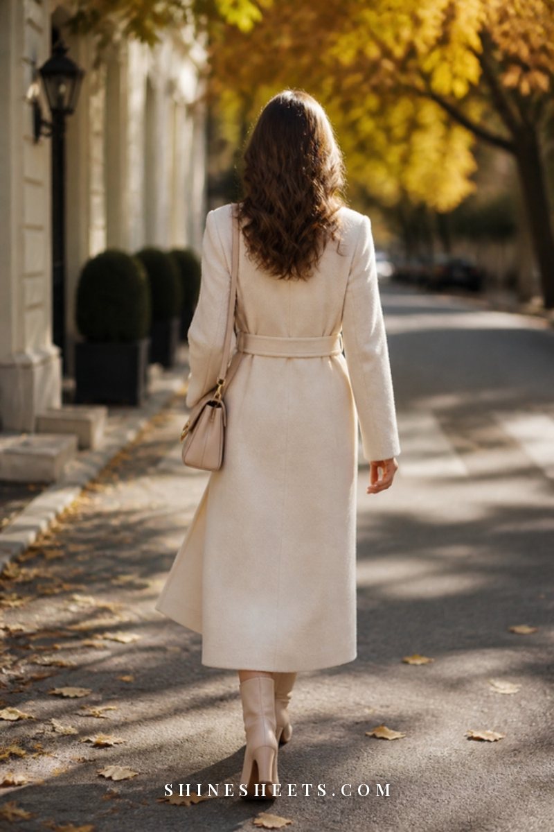 A woman seen from behind in a cream coat walking down a sunlit street