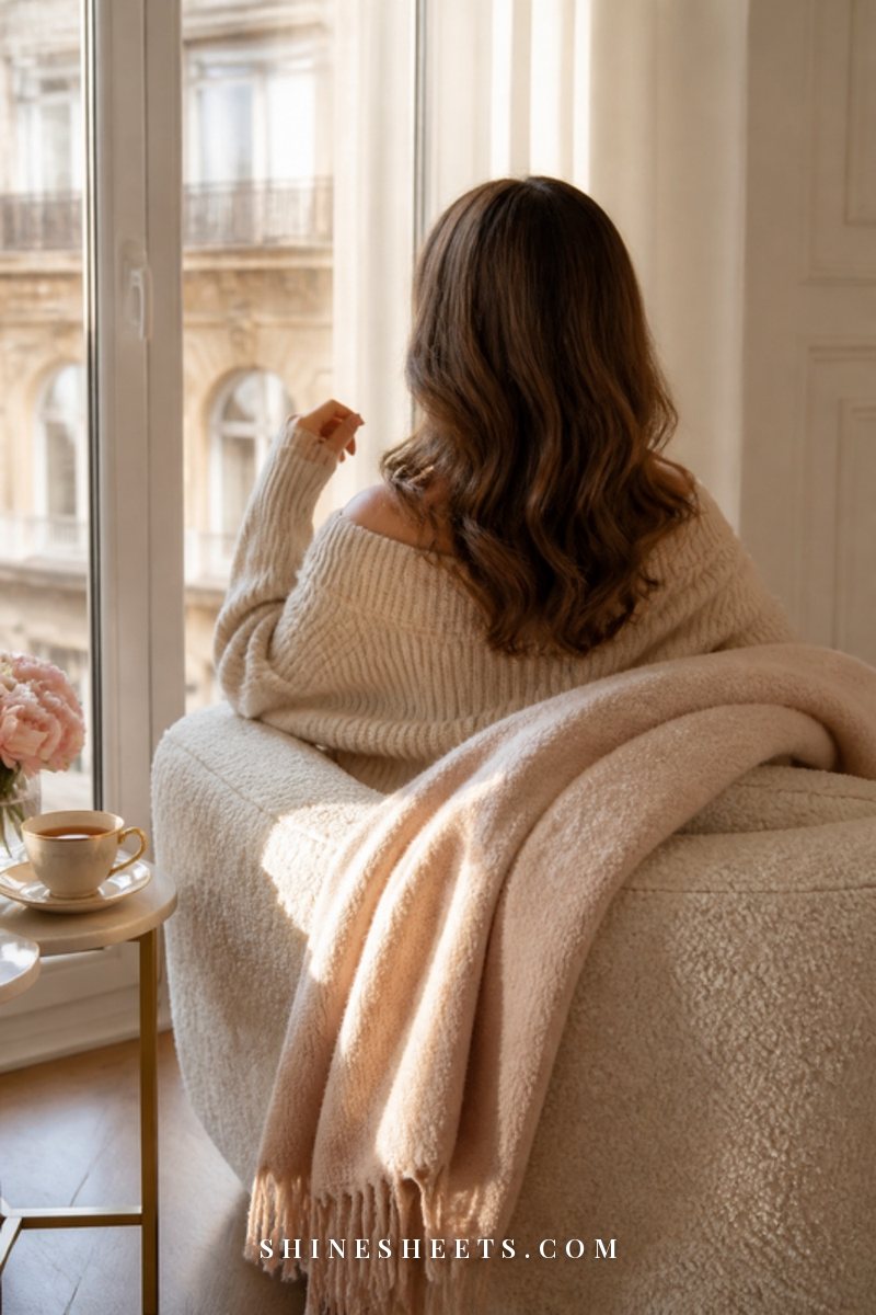 A woman seen from behind relaxing in a cream armchair with tea by a window