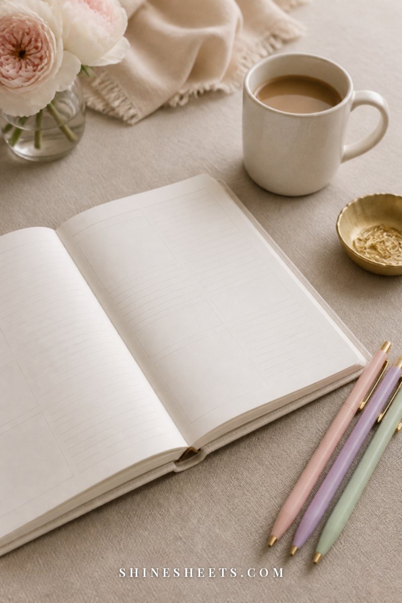 A calm morning scene with a cream mug of coffee, an open blank planner and a small vase of flowers on a breakfast table