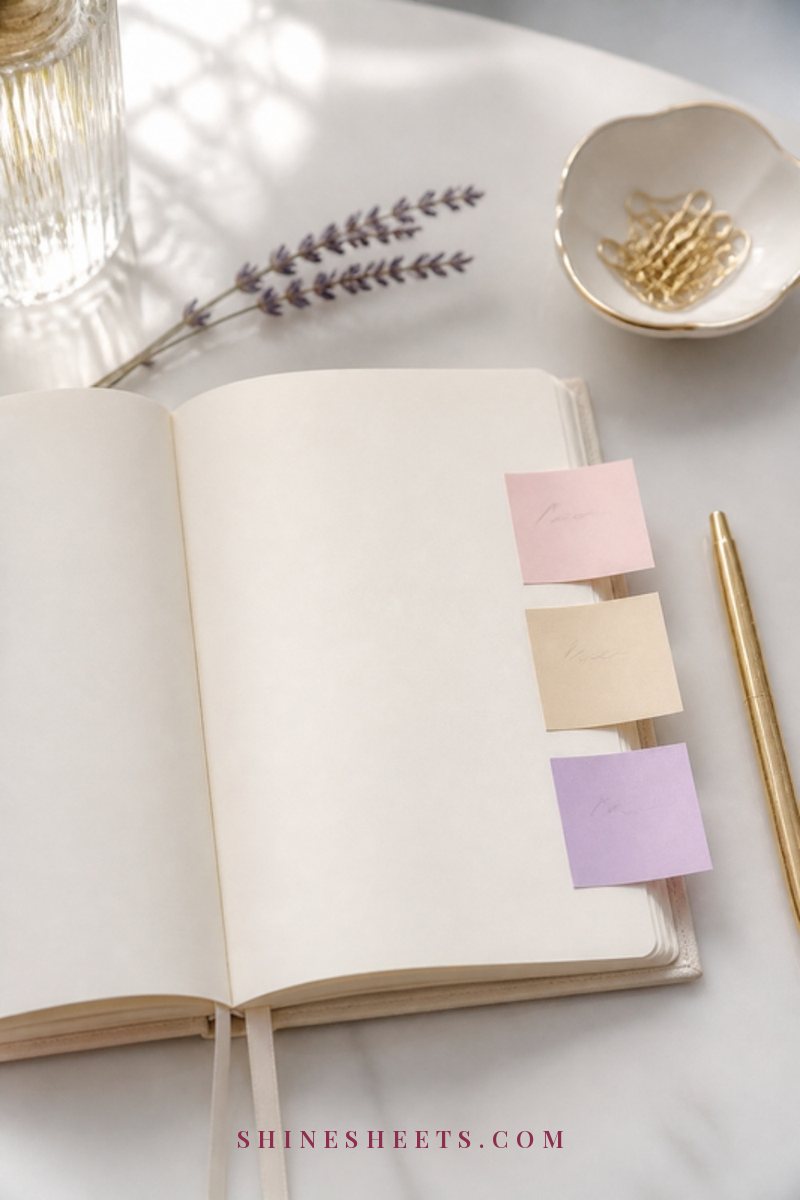 An open cream planner with blank pages, pastel sticky notes and a gold pen on a white desk with soft daylight