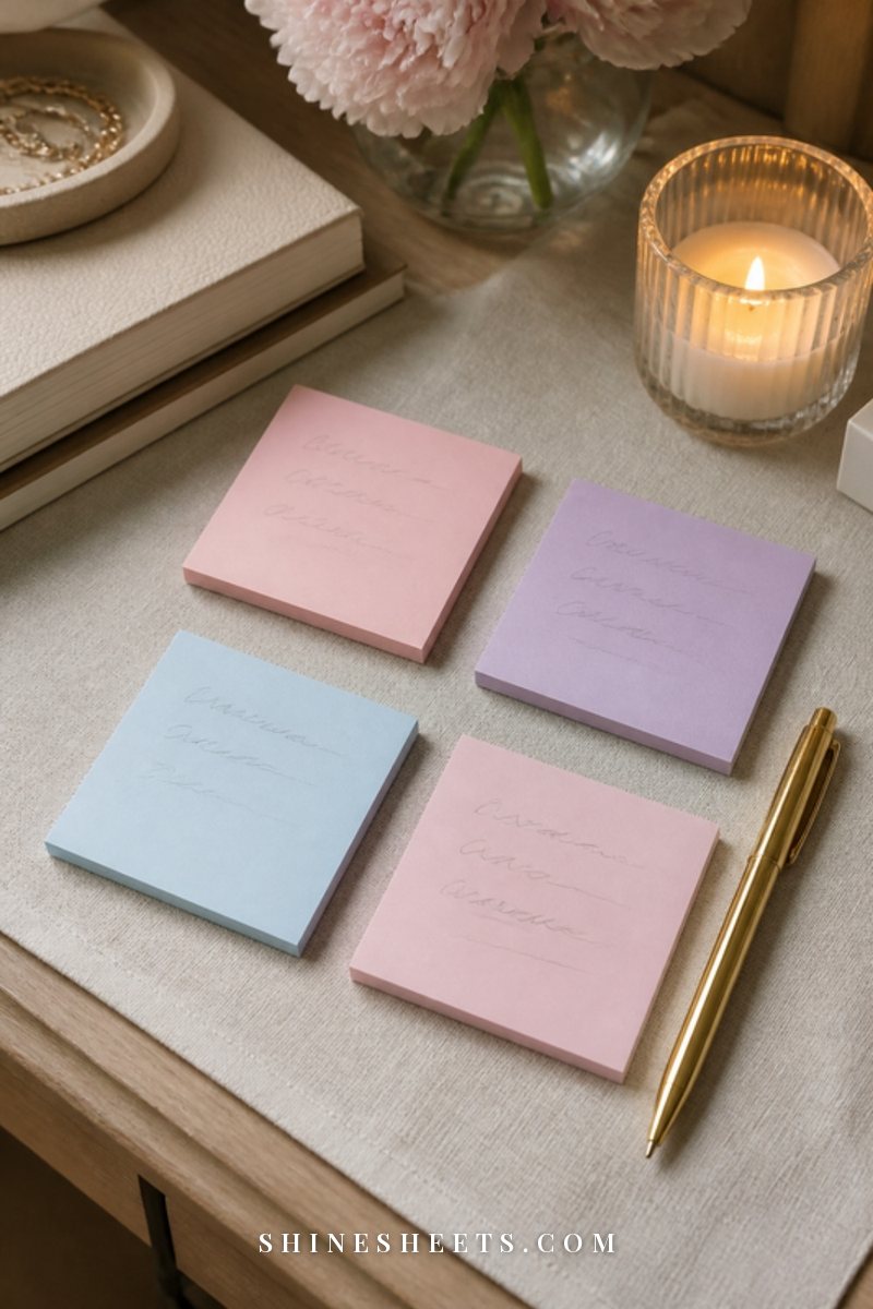 Pastel sticky notes with soft illegible scribbles and a gold pen on a cream linen desk beside a glass candle