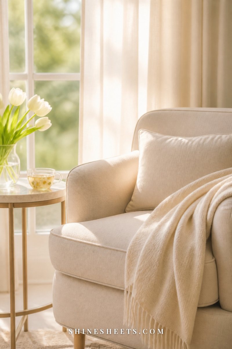 A peaceful reading corner with a cream armchair, a soft throw, a cup of tea and a small plant in gentle afternoon light