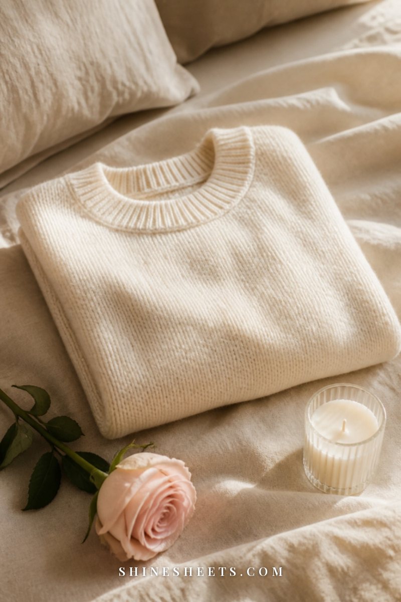 A simple cream knit sweater folded on a bed beside a single blush rose and a small glass candle, soft light