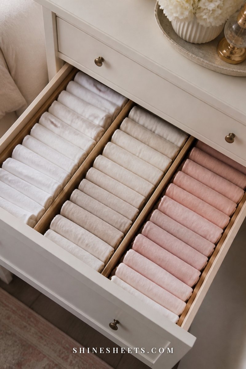 Neatly folded cream and blush sweaters standing upright in an open drawer