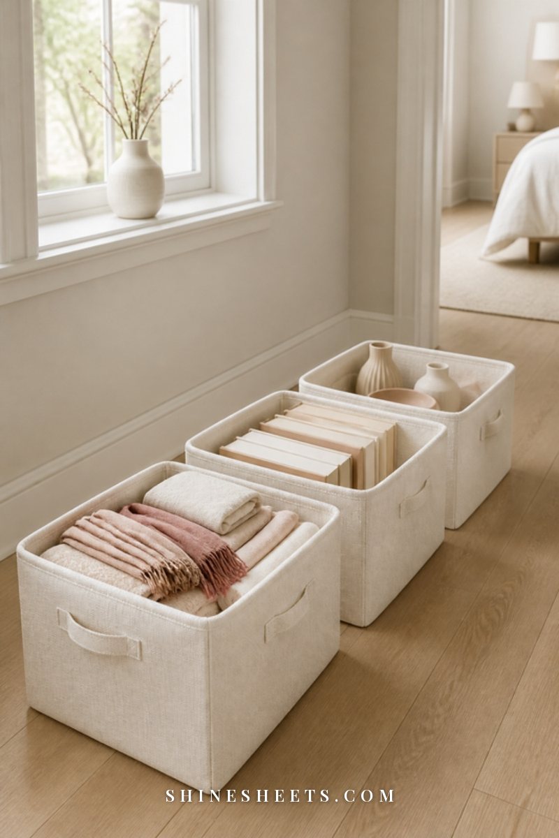 Three cream fabric storage bins in a row on a light wooden floor in a bright hallway