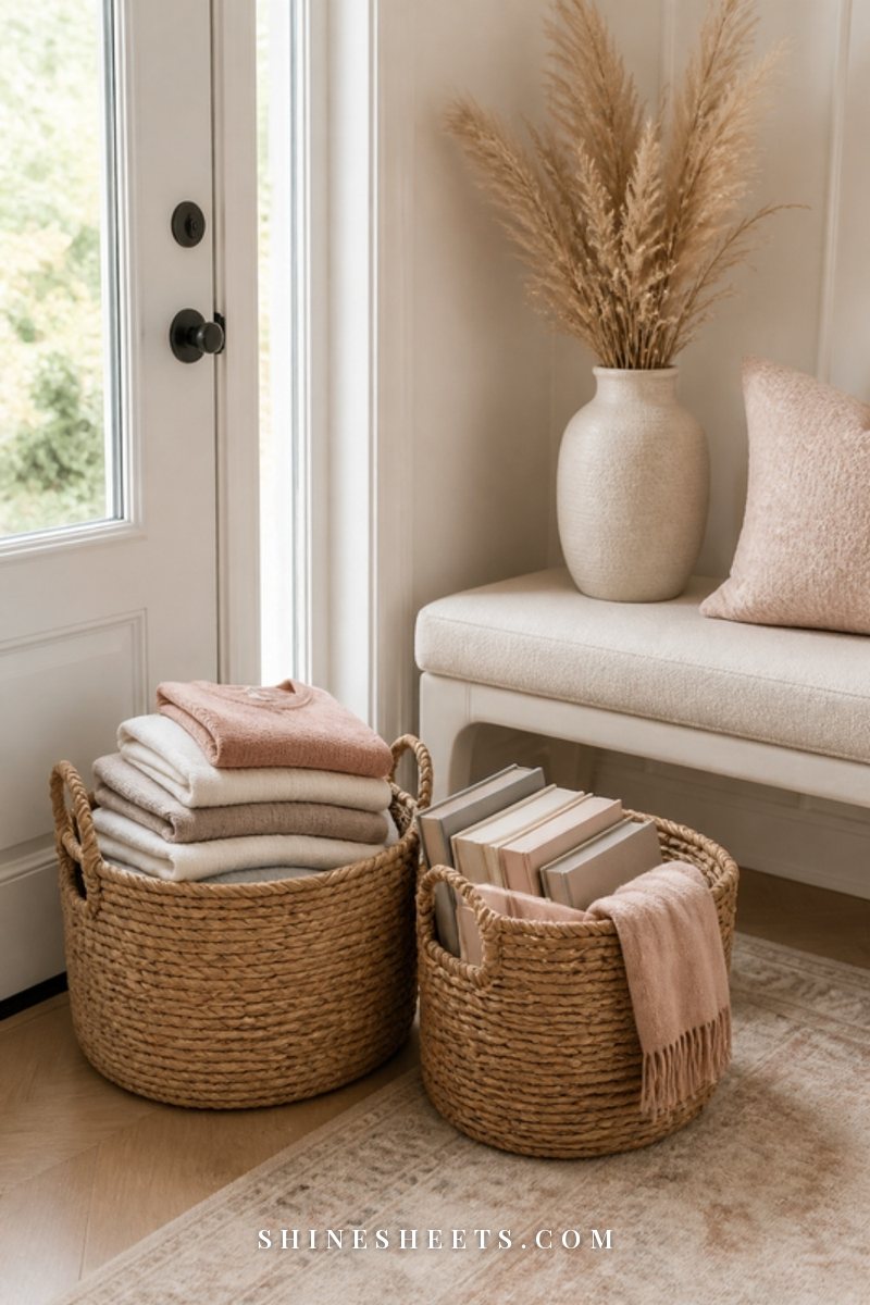 Woven baskets with folded clothes and books by the front door in a bright, calm entryway
