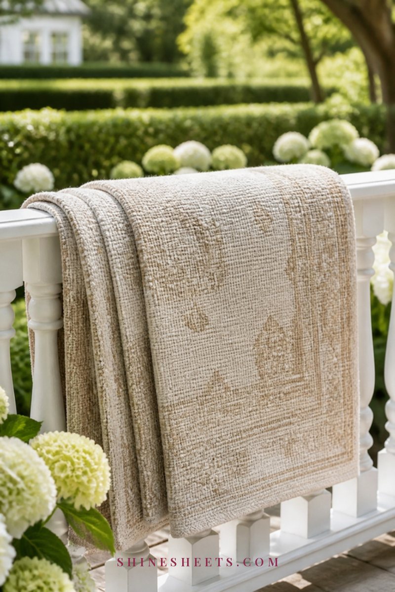 A cream and beige woven area rug draped over a white garden railing in bright morning sun